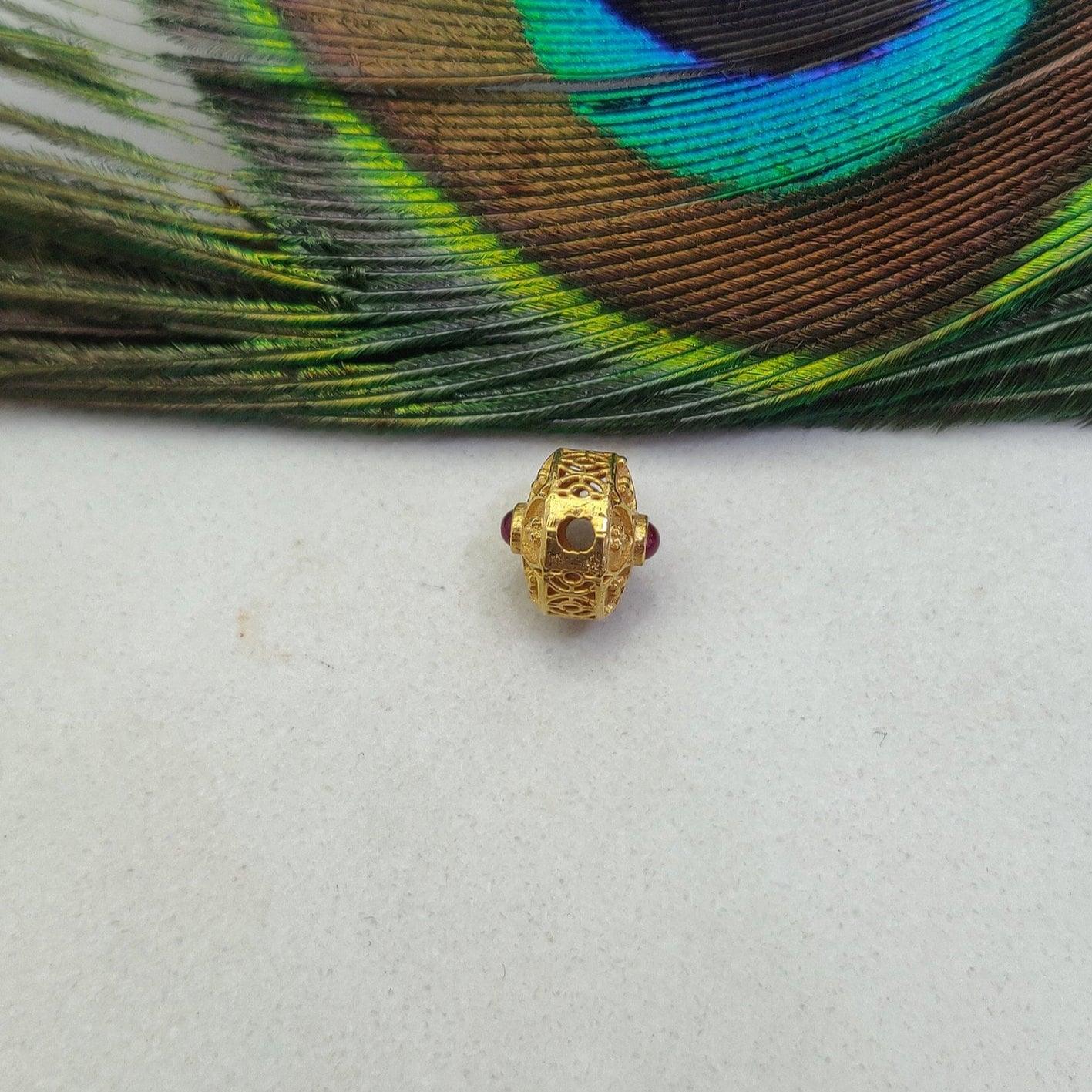 18k Solid Gold Fancy Rondelle DIY Beads With Red Stones 9X8MM - Kanika Creations