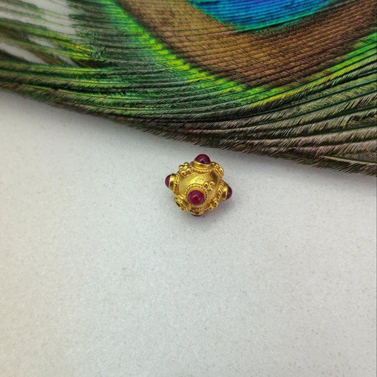 18k Solid Gold Round Spacer Beads studded Ruby, 9x8mm - Kanika Creations