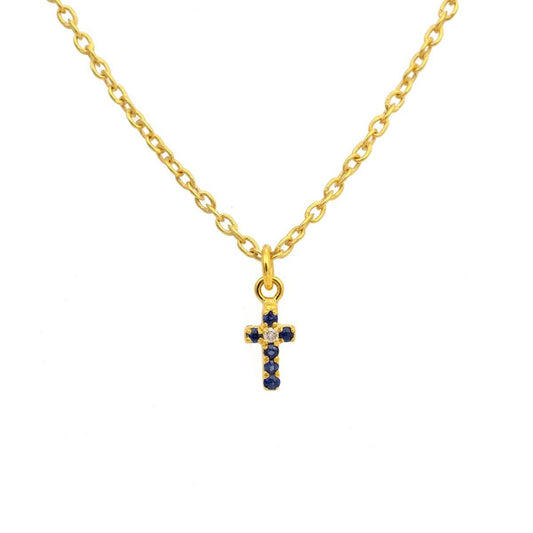 14k Solid Yellow Gold Pave Diamond & Blue Sapphire Cross Charm - Kanika Creations