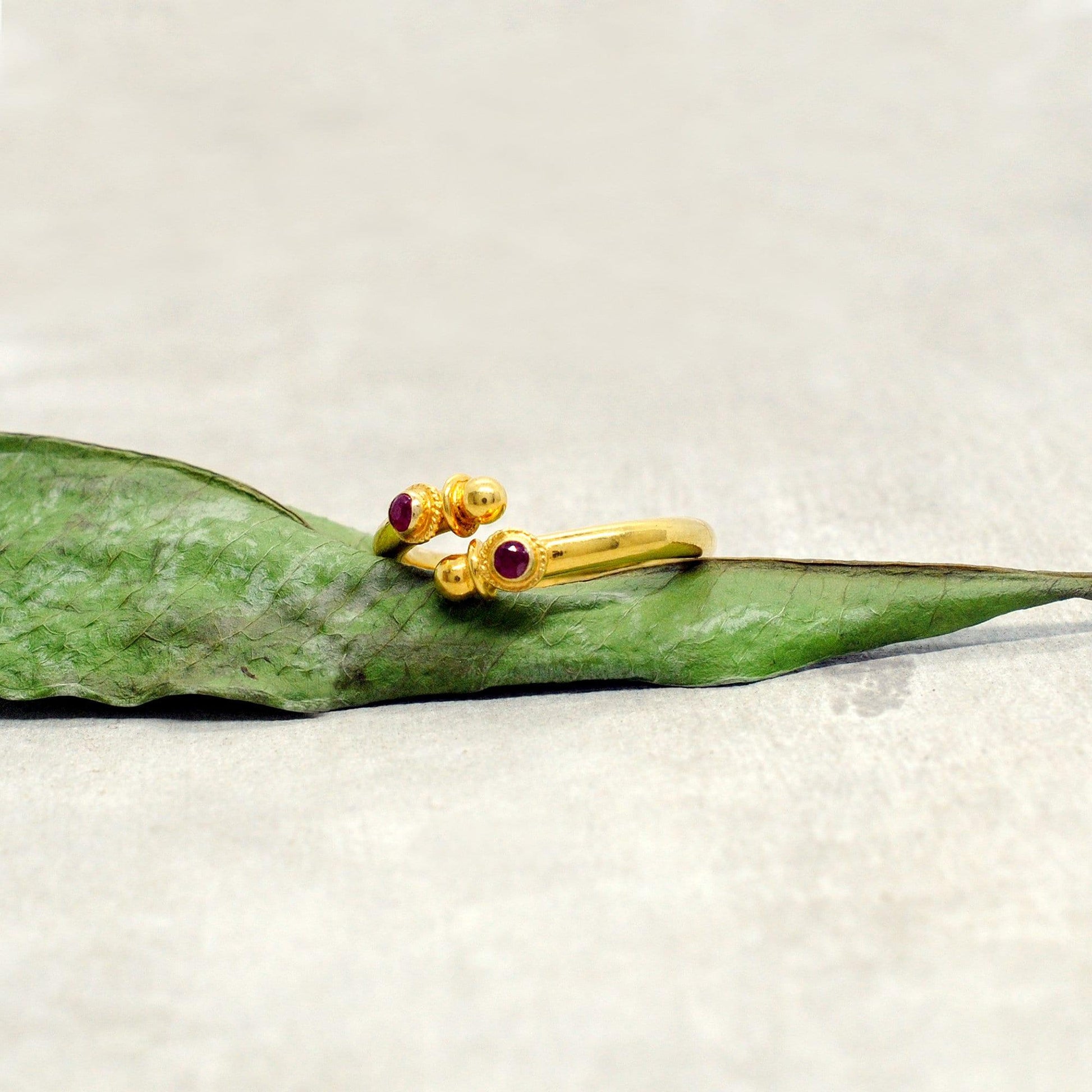18k Solid Yellow Gold Ruby Bypass Ring 8 Size - Kanika Creations