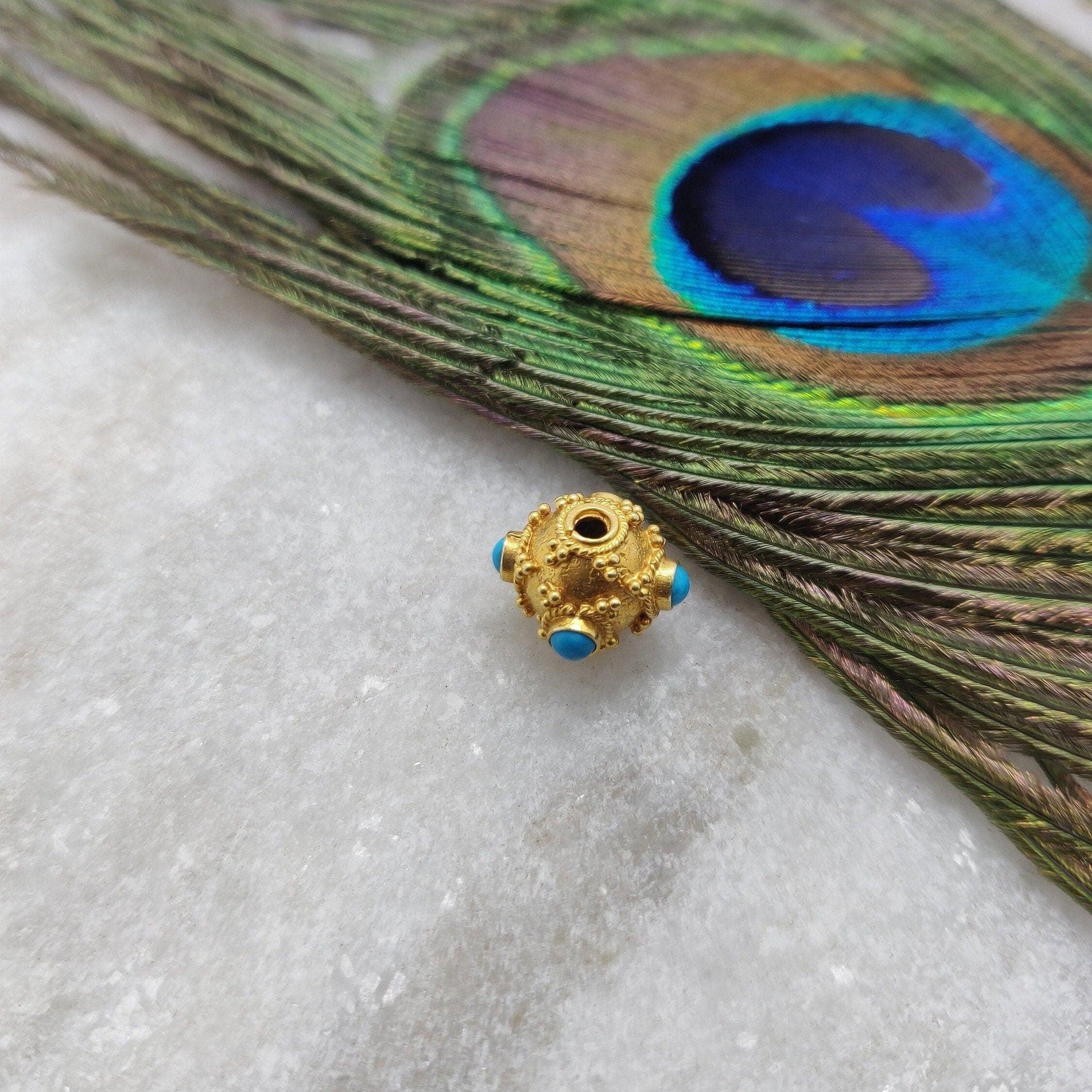 18k Solid Yellow Gold Turquoise Ball Spacer Beads - Kanika Creations