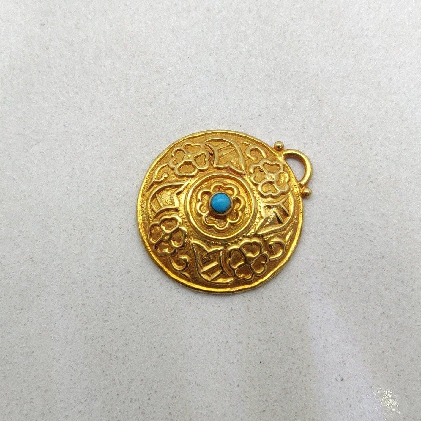 18k Solid Yellow Gold Turquoise Pendant - Kanika Creations
