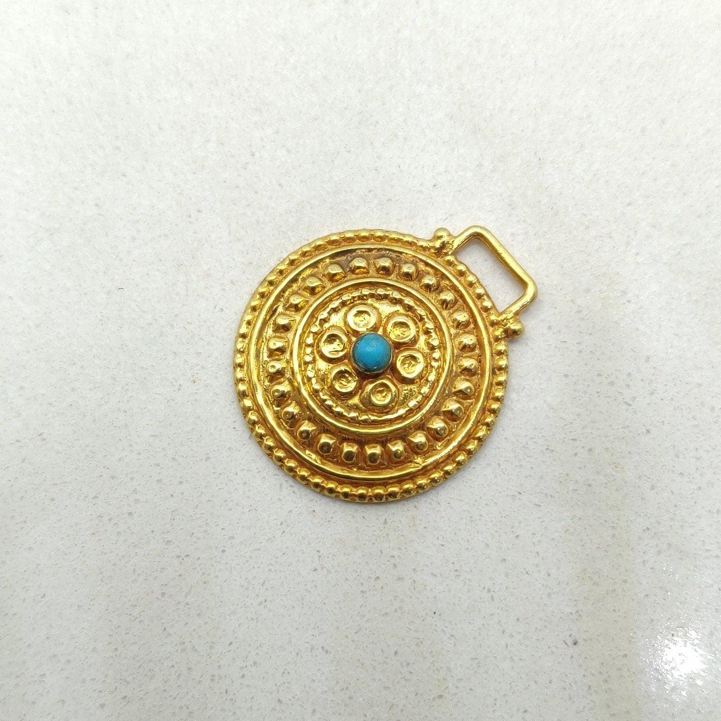 18k Solid Yellow Gold Turquoise Vintage Pendant 19mm - Kanika Creations