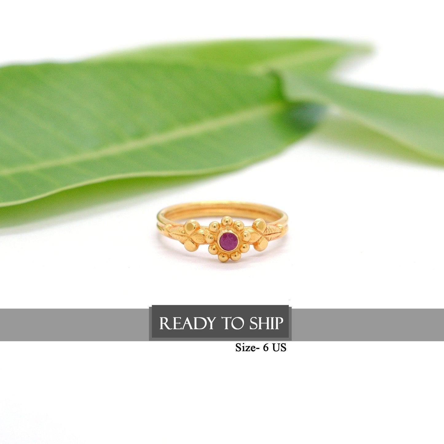 18k Solid Yellow Gold Ruby Vintage Floral Ring 6 US - Kanika Creations