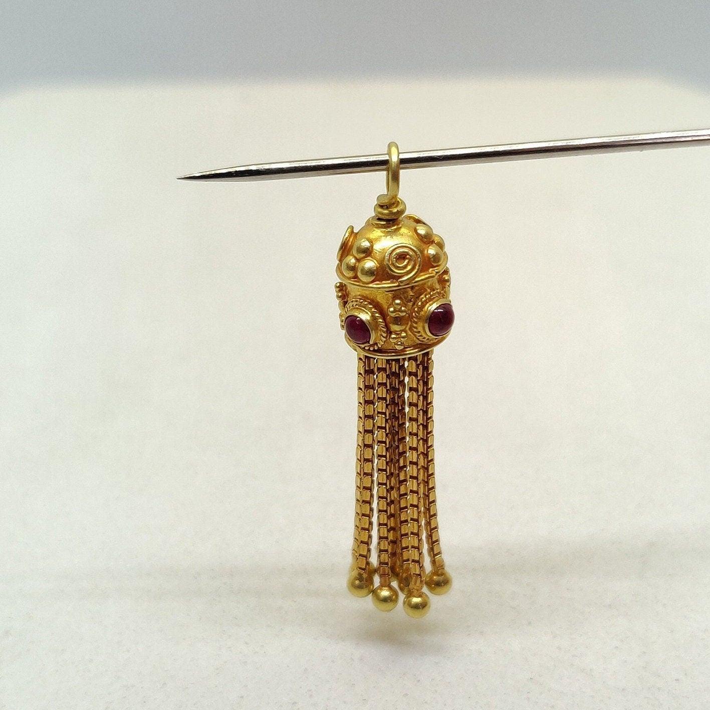 18k Gold Tassel Charm Pendant With Ruby Stone - Kanika Creations