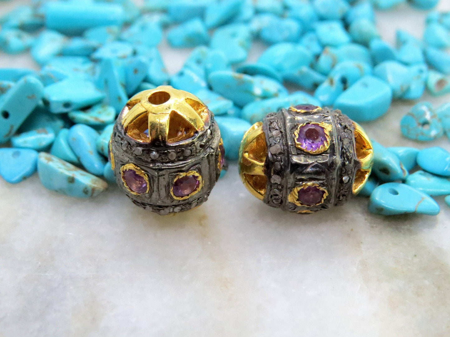 925 Sterling Silver Pave Diamond & Amethyst Spacer Ball Beads - Kanika Creations