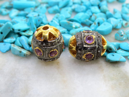 925 Sterling Silver Pave Diamond & Amethyst Spacer Ball Beads - Kanika Creations