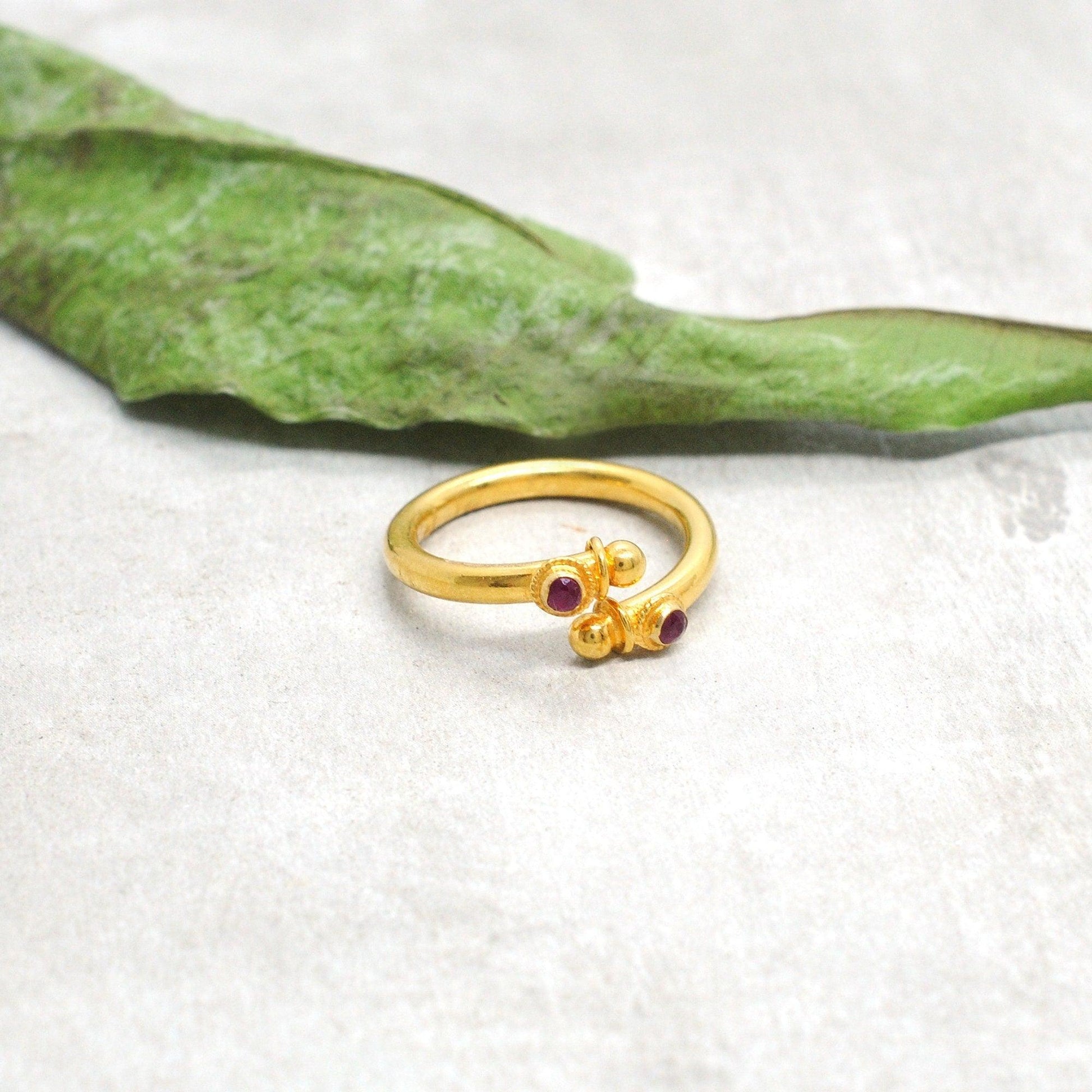 18k Solid Yellow Gold Ruby Bypass Ring 8 Size - Kanika Creations