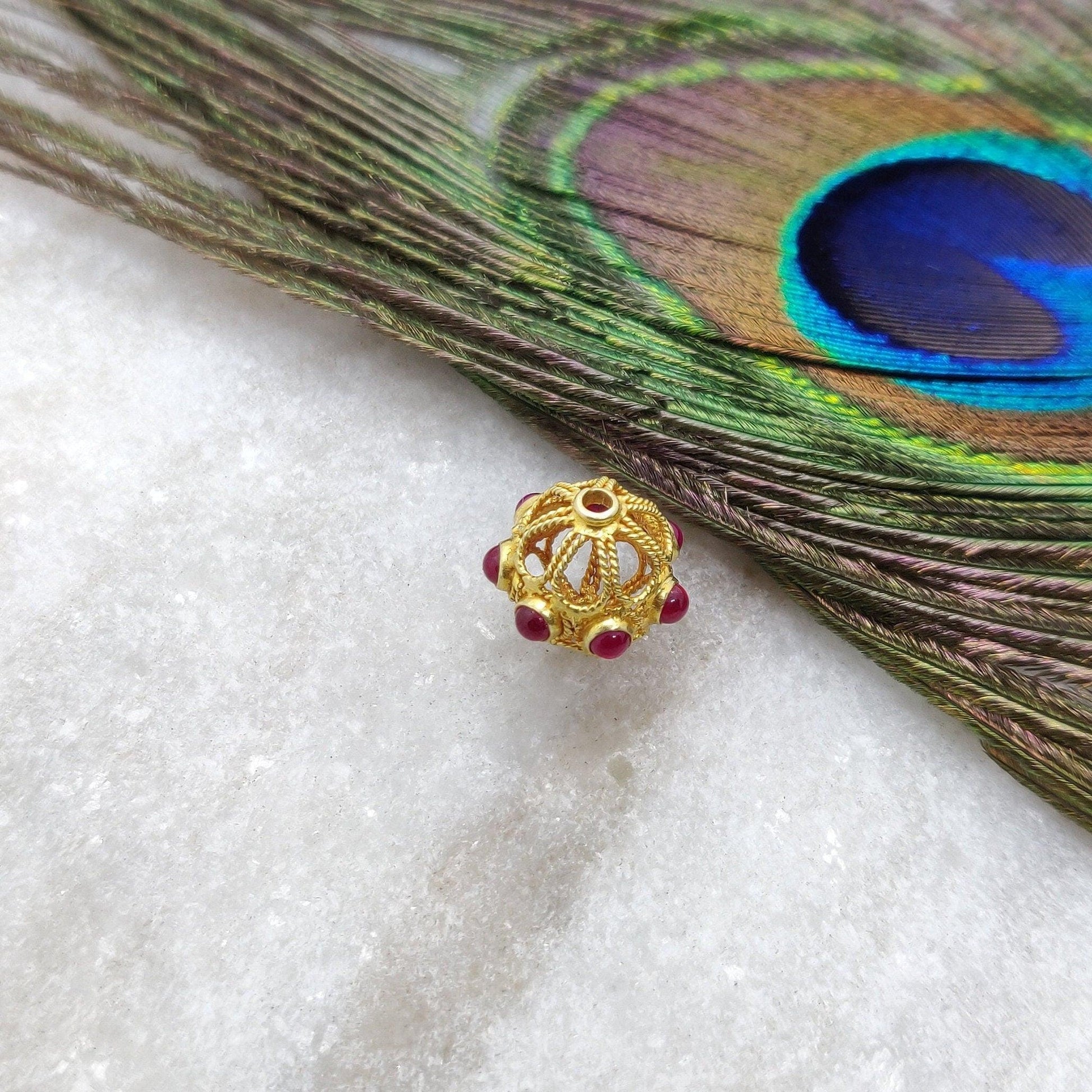 18k Solid Yellow Gold Ruby Fancy Spacer Beads 12mm - Kanika Creations