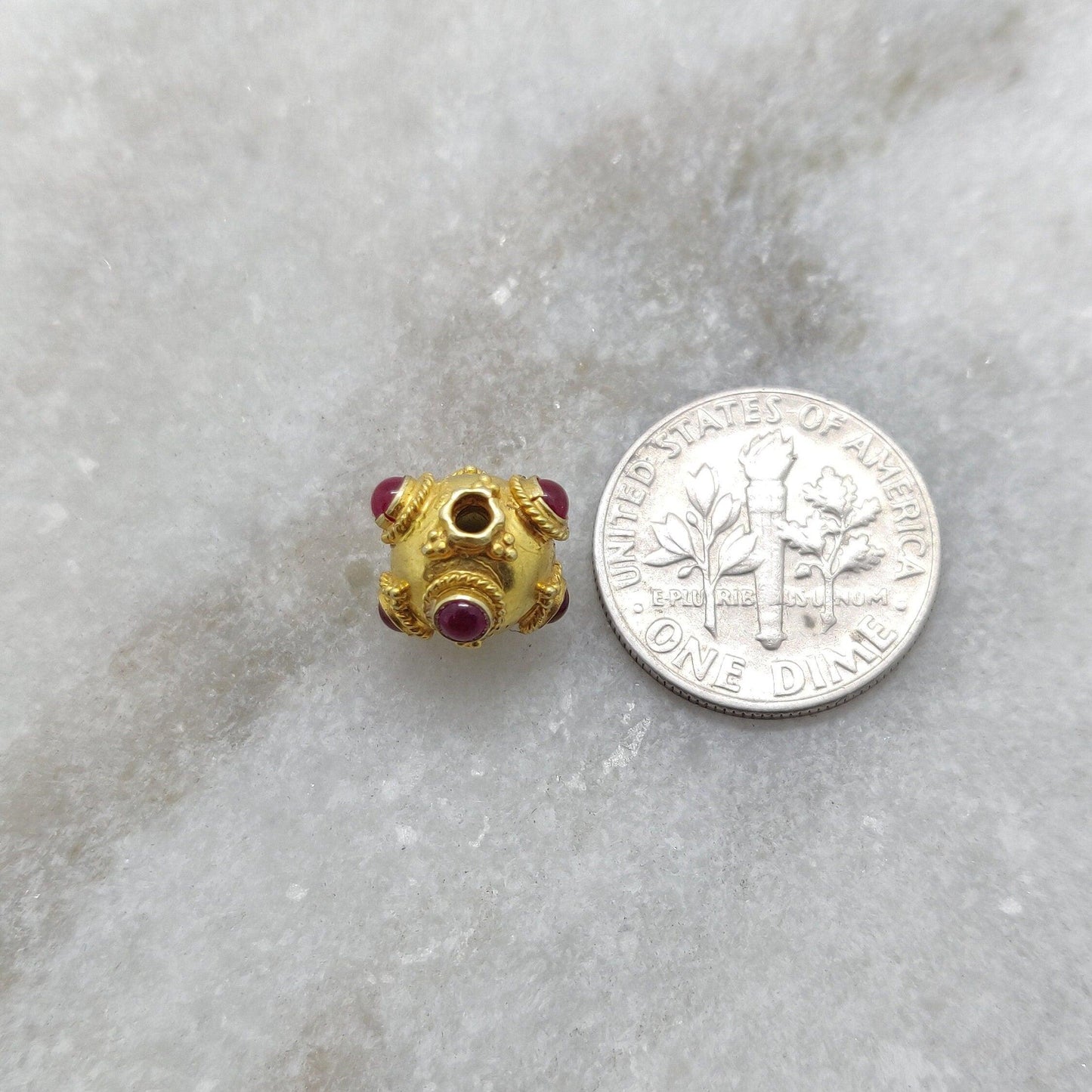 18k Solid Yellow Gold Ruby Ball Spacer Beads 11x10mm - Kanika Creations