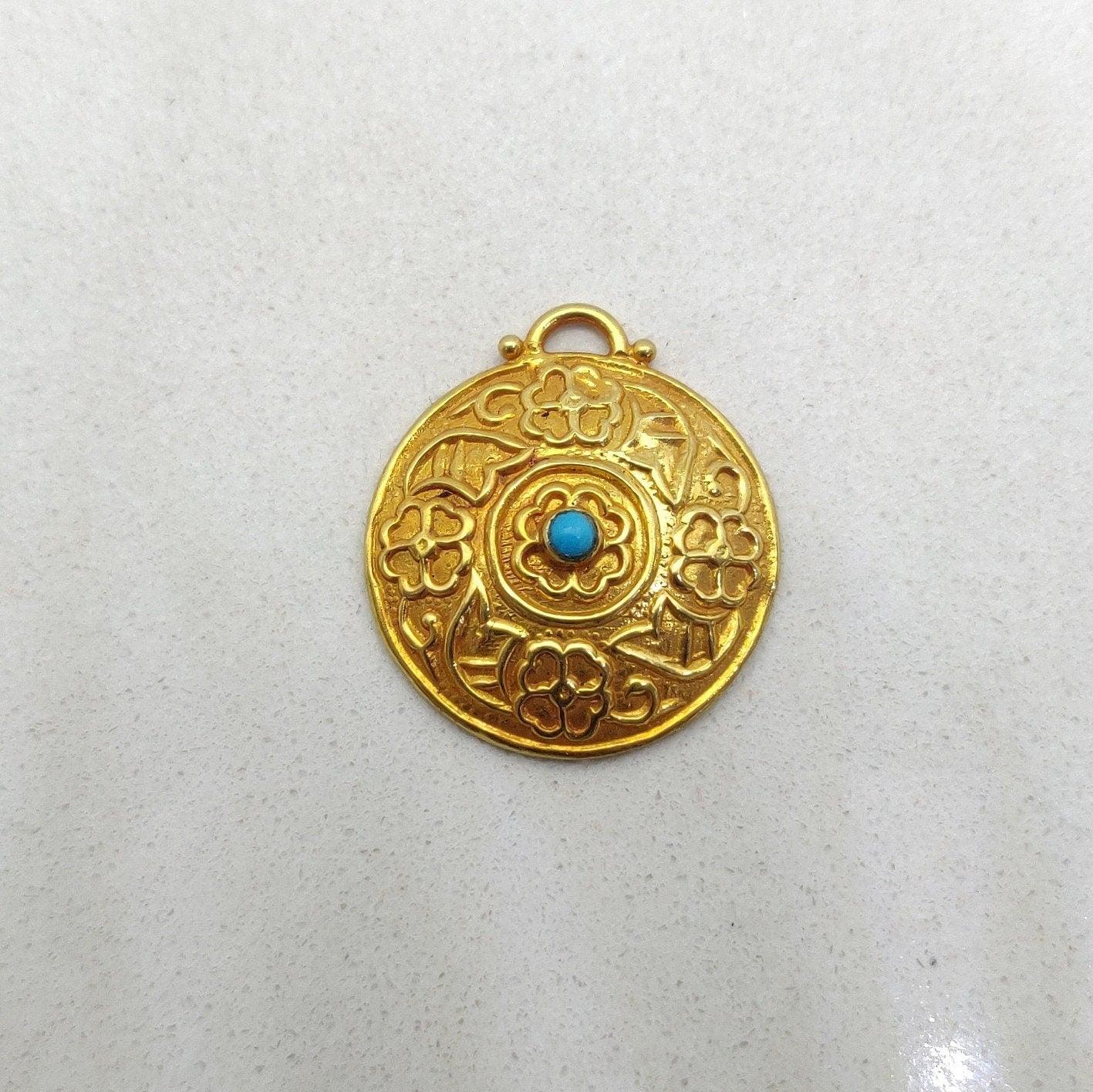 18k Solid Yellow Gold Turquoise Pendant - Kanika Creations