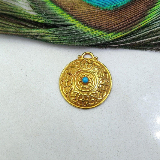 18k Solid Yellow Gold Turquoise Pendant - Kanika Creations