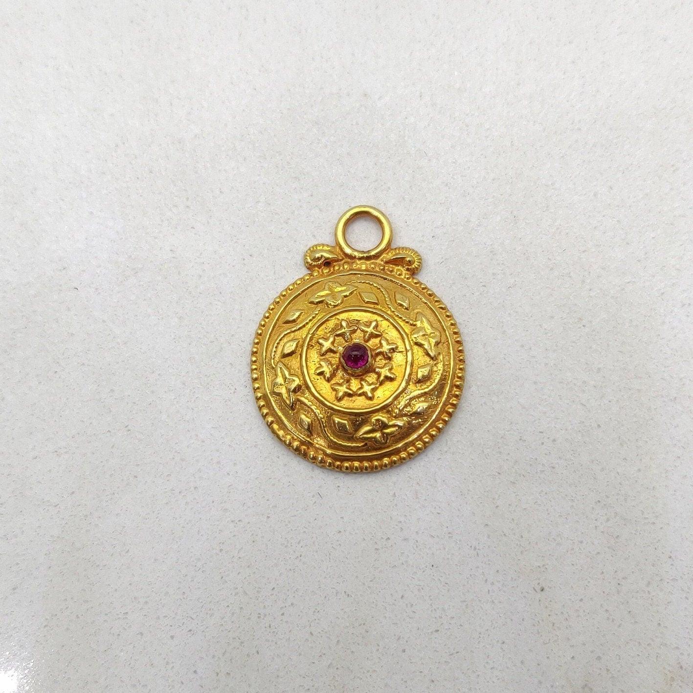 18k Solid Yellow Gold Ruby Round Pendant - Kanika Creations