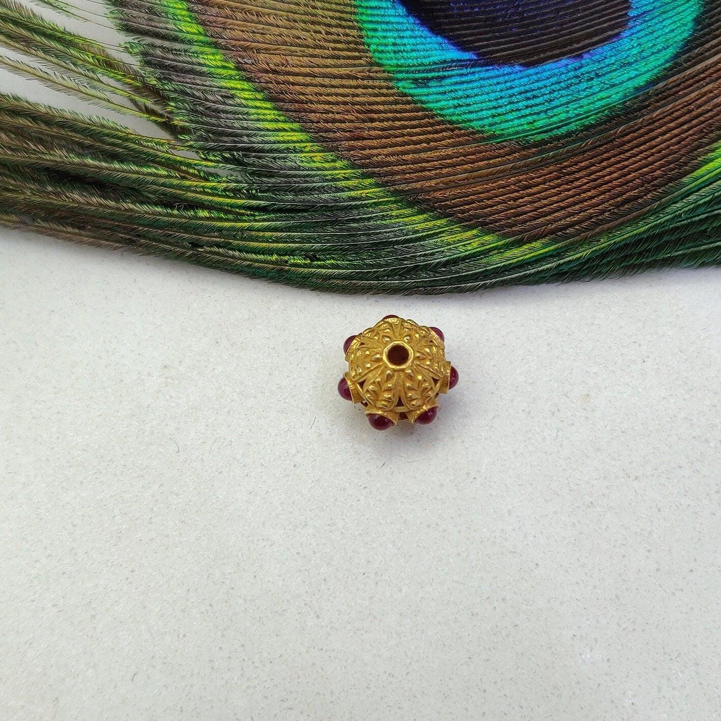 18k Solid Yellow Gold Ruby Ball Spacer Beads 10x9mm - Kanika Creations