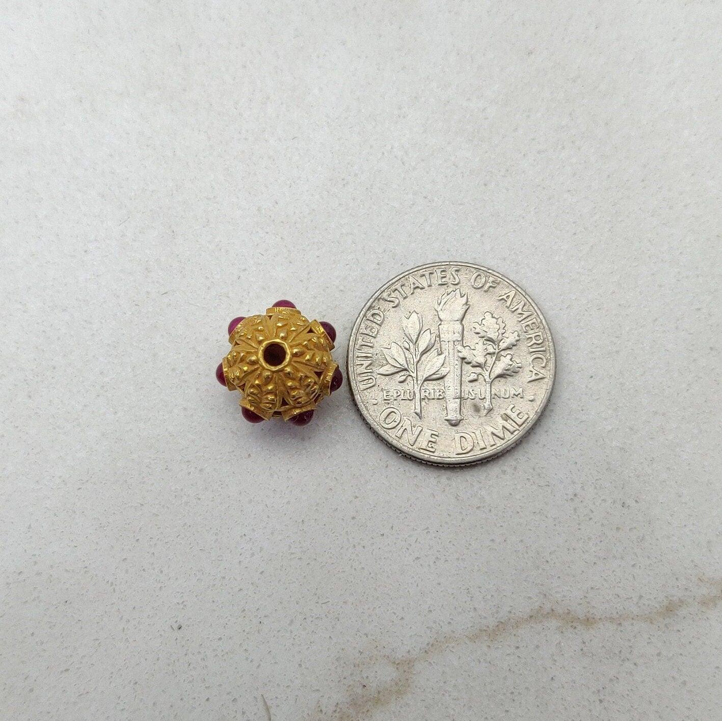 18k Solid Yellow Gold Ruby Ball Spacer Beads 10x9mm - Kanika Creations