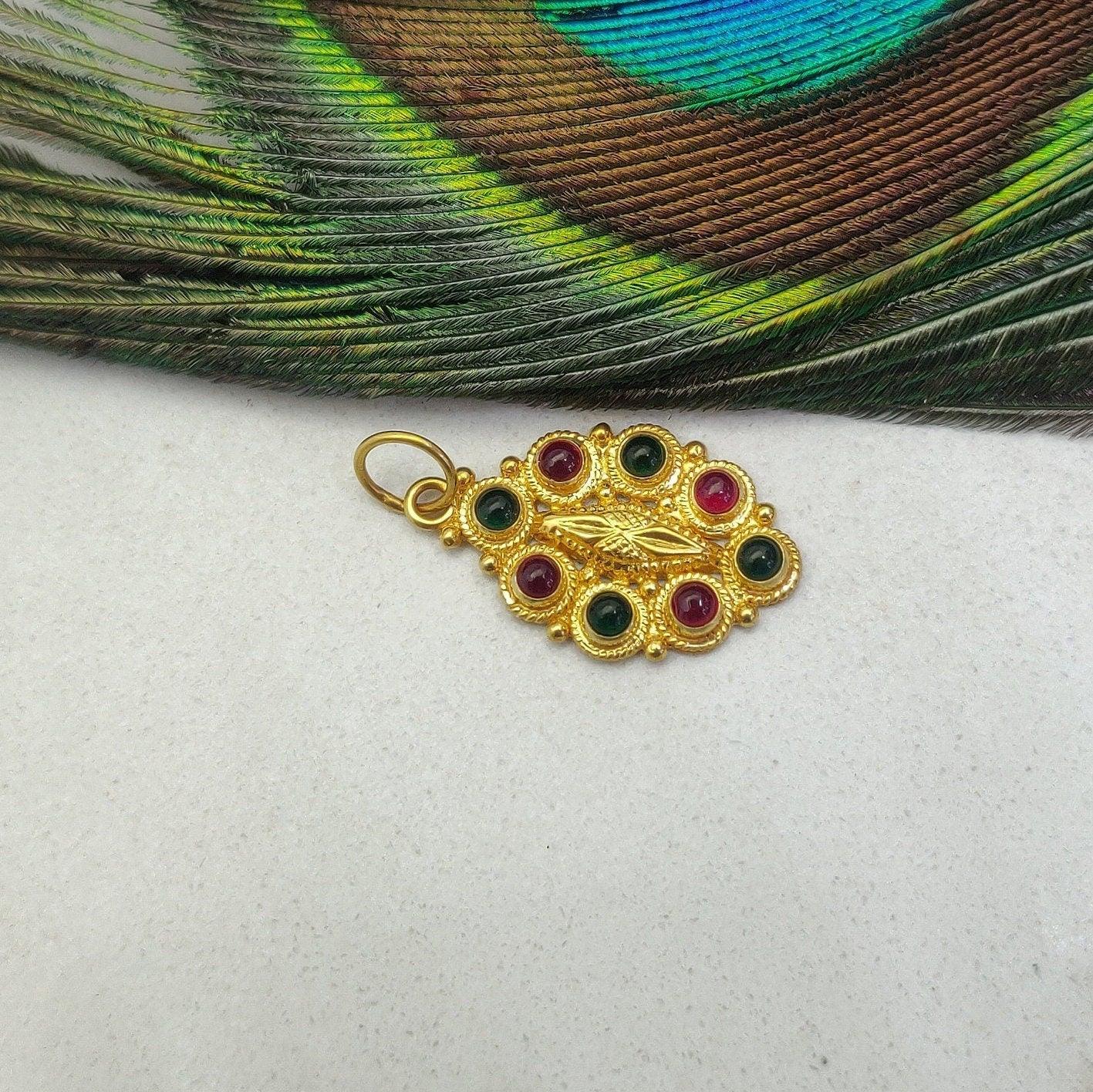 18k Solid Yellow Gold Multi-Gemstone Oval Pendant - Kanika Creations
