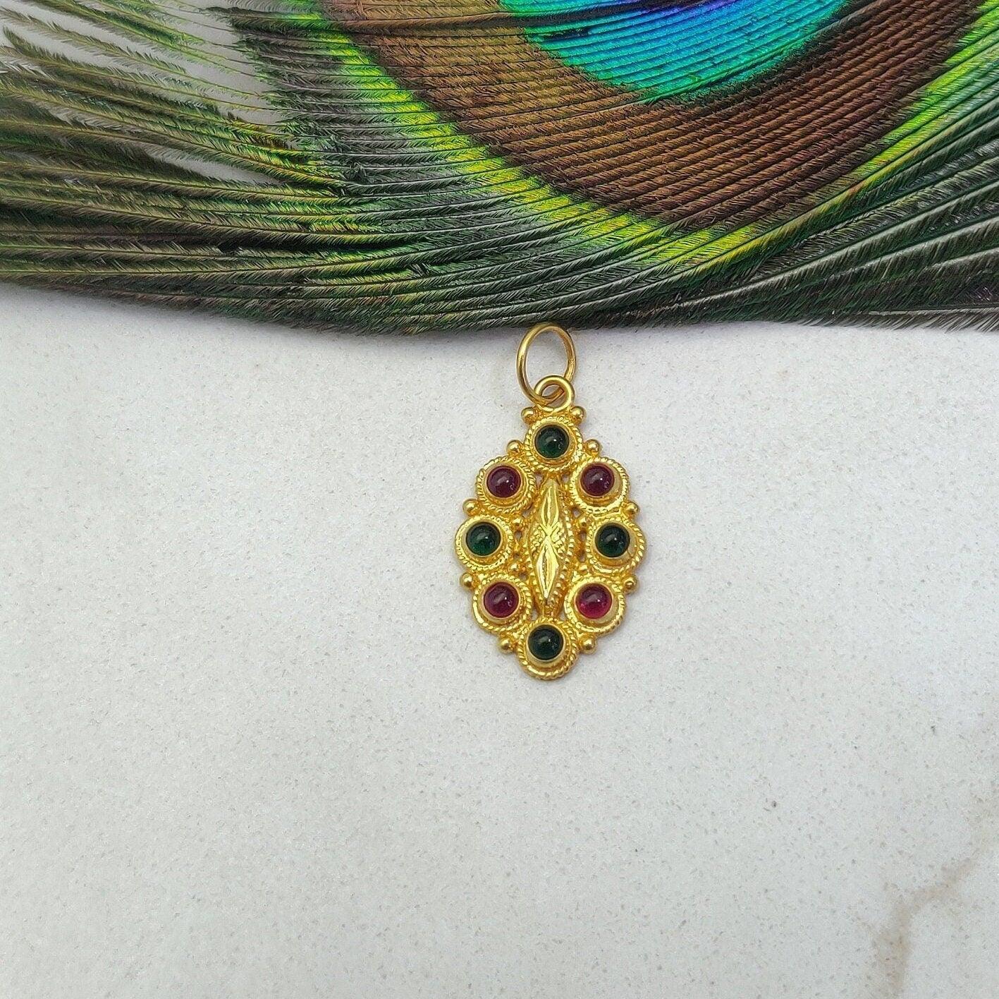 18k Solid Yellow Gold Multi-Gemstone Oval Pendant - Kanika Creations