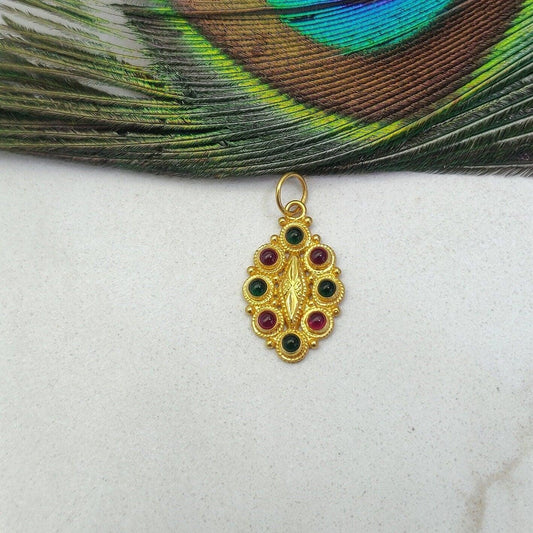 18k Solid Yellow Gold Multi-Gemstone Oval Pendant - Kanika Creations