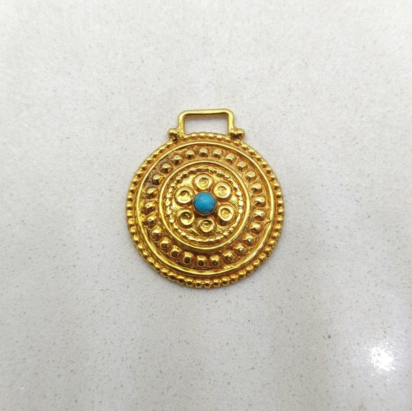 18k Solid Yellow Gold Turquoise Vintage Pendant 19mm - Kanika Creations