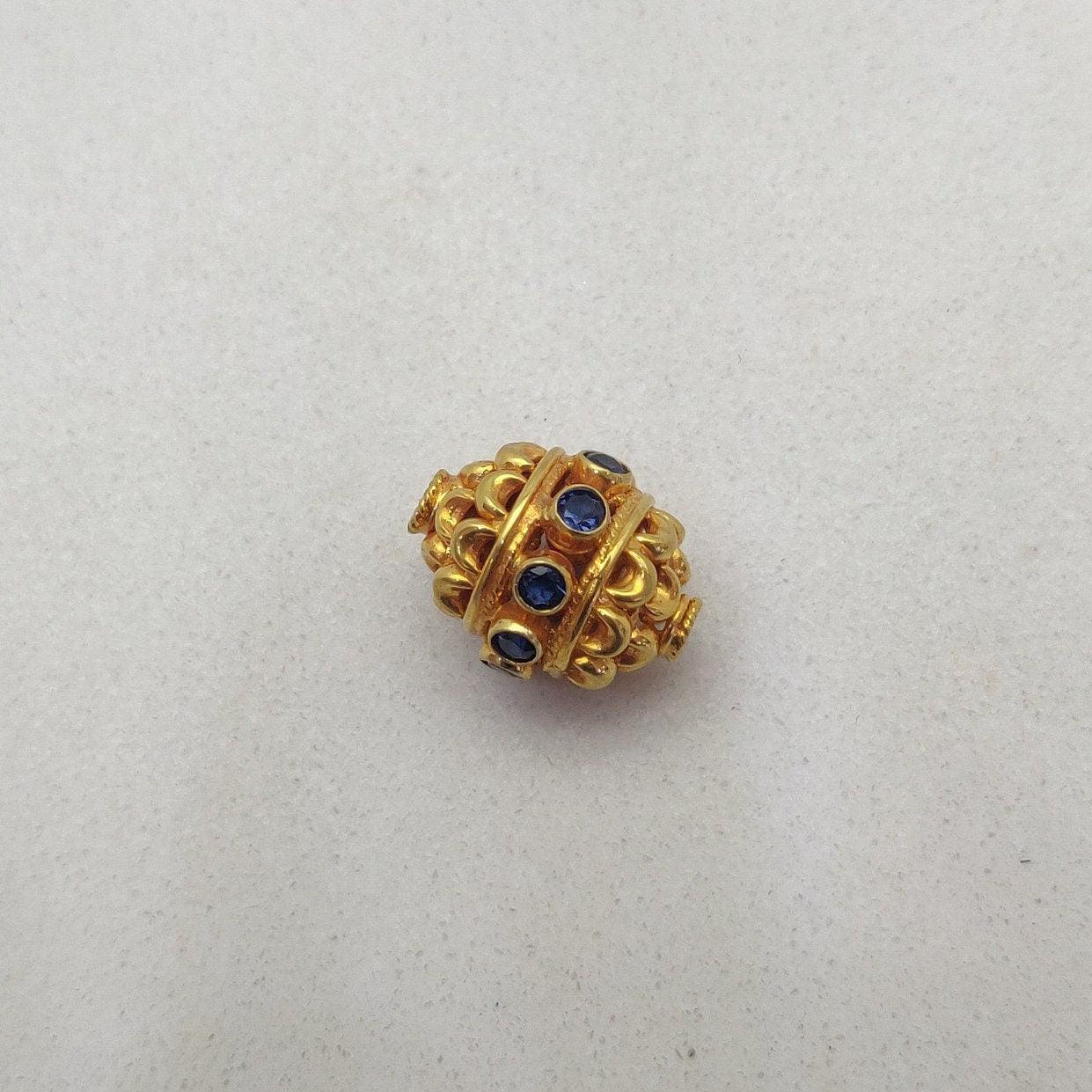 18k Solid Yellow Gold Stone Studded Oval Spacer Beads 15x11mm - Kanika Creations