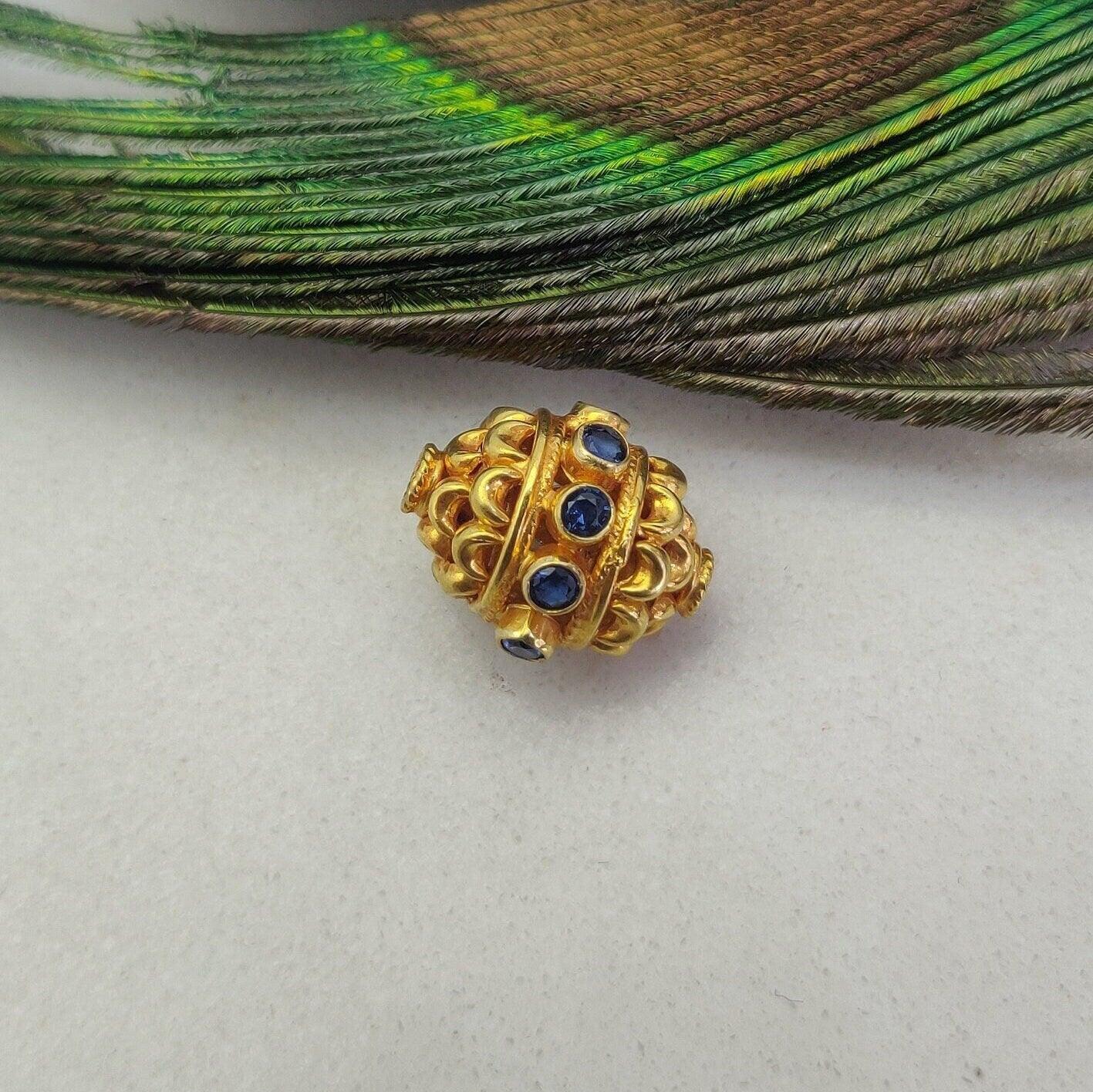 18k Solid Yellow Gold Stone Studded Oval Spacer Beads 15x11mm - Kanika Creations