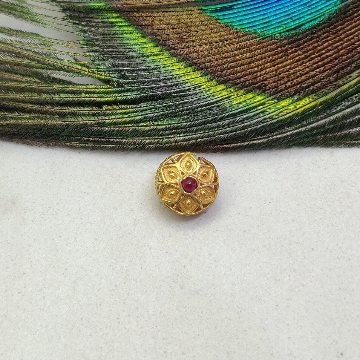 18k Yellow Gold Fancy Flower Engraved Gemstone Rondelle Beads 9mm - Kanika Creations