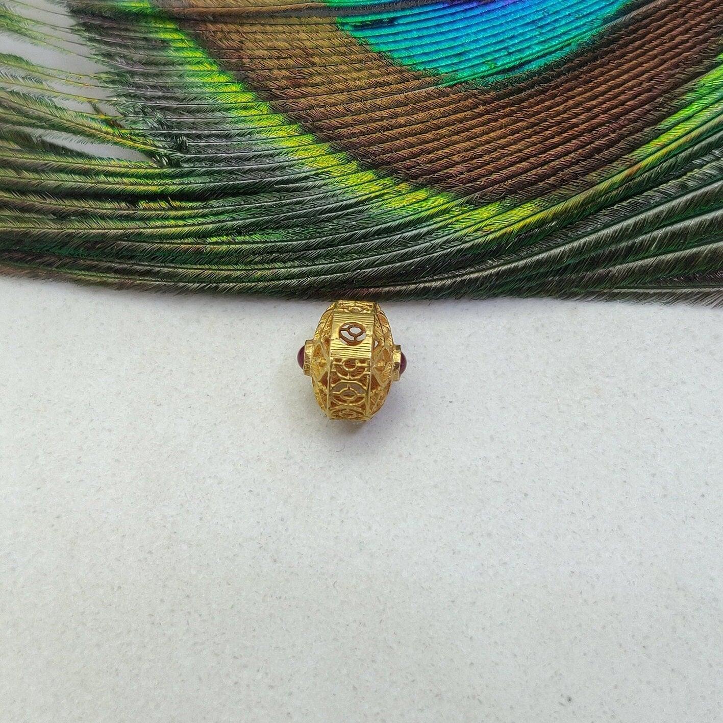 18k Yellow Gold Fancy Flower Engraved Gemstone Rondelle Beads 9mm - Kanika Creations