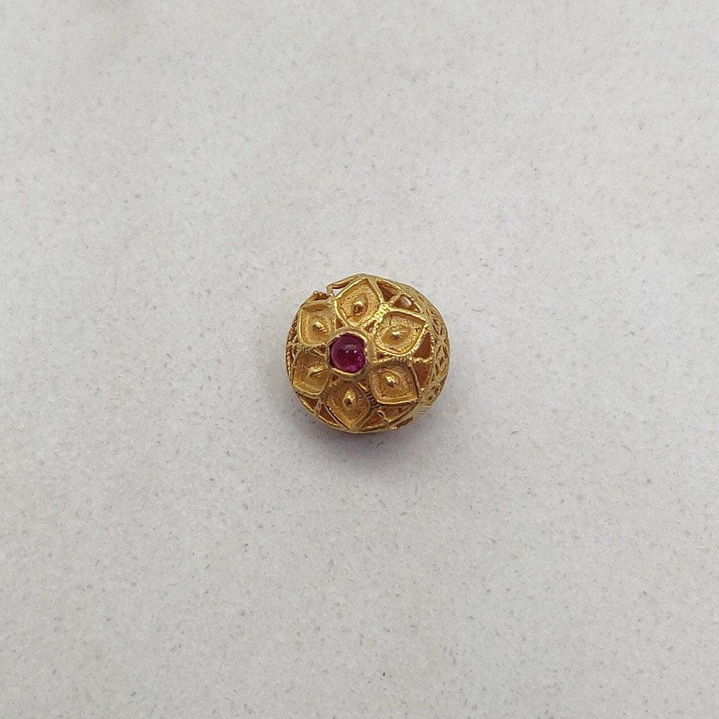 18k Yellow Gold Fancy Flower Engraved Gemstone Rondelle Beads 9mm - Kanika Creations