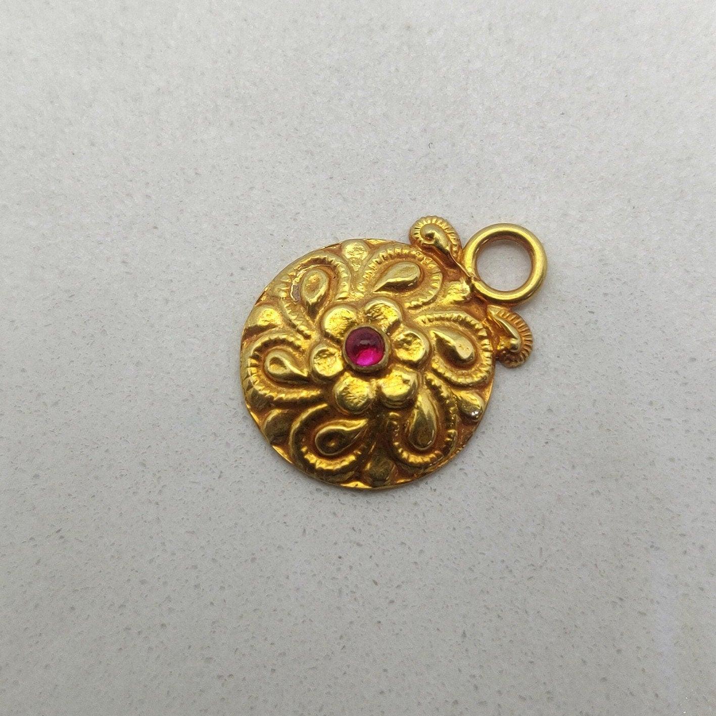 Ruby 18k Yellow Gold Floral Textured Pendant Jewelry - Kanika Creations
