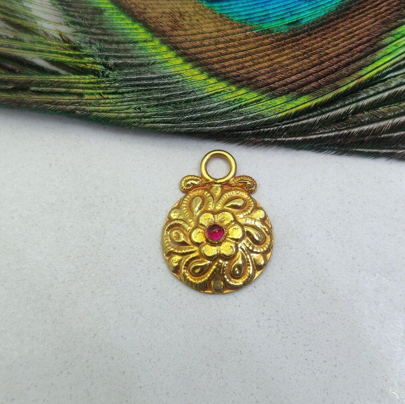 Ruby 18k Yellow Gold Floral Textured Pendant Jewelry - Kanika Creations
