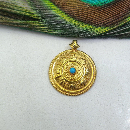 18k Solid Yellow Gold Turquoise Antique Round Pendant - Kanika Creations
