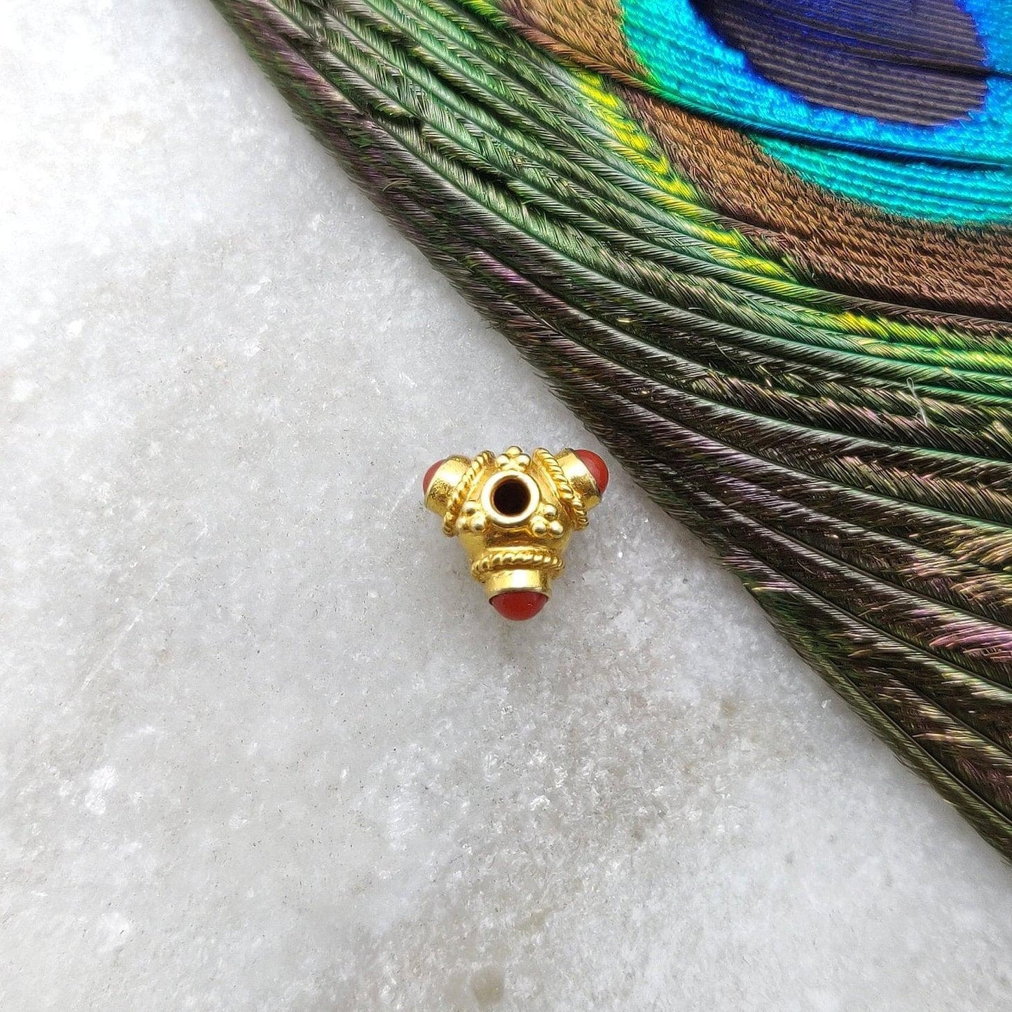 18K Gold Spacer Beads Coral Stone Triangle DIY Craft - Kanika Creations