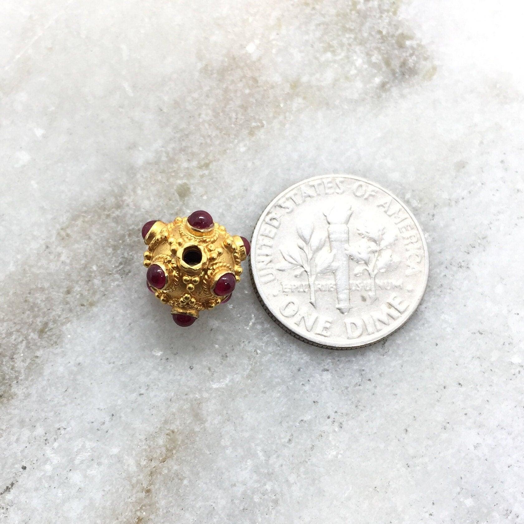 18K Solid Yellow Gold Ruby Round Spacer Ball Beads - Kanika Creations