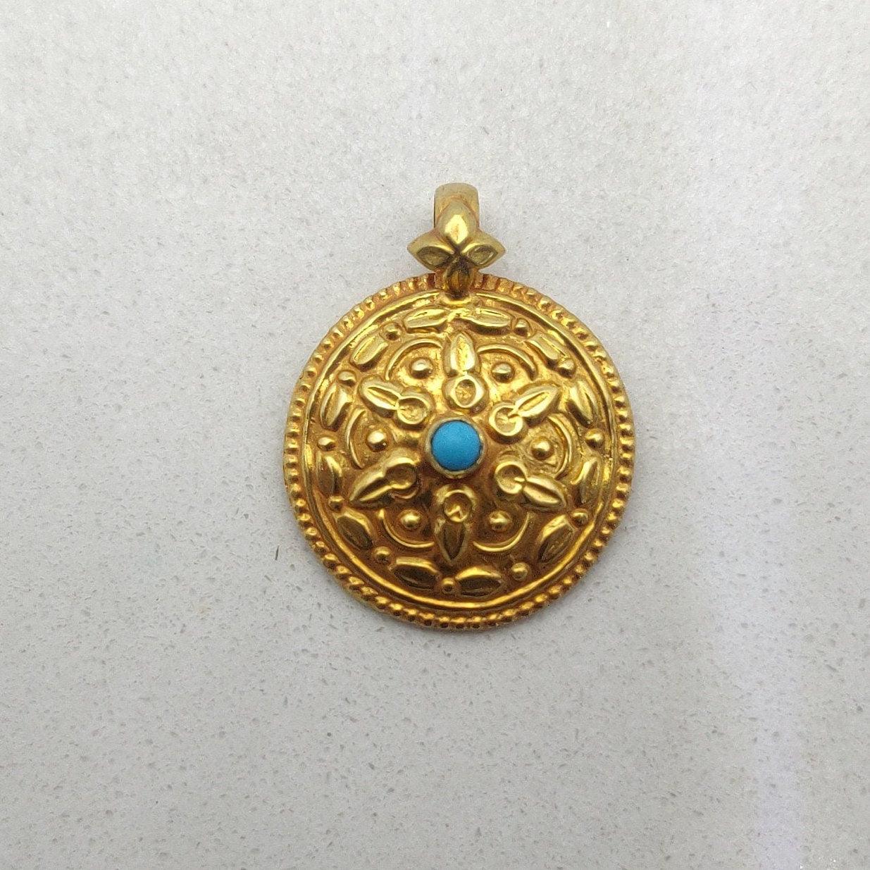 18k Solid Yellow Gold Turquoise Pendant 17mm Antique Jewelry - Kanika Creations