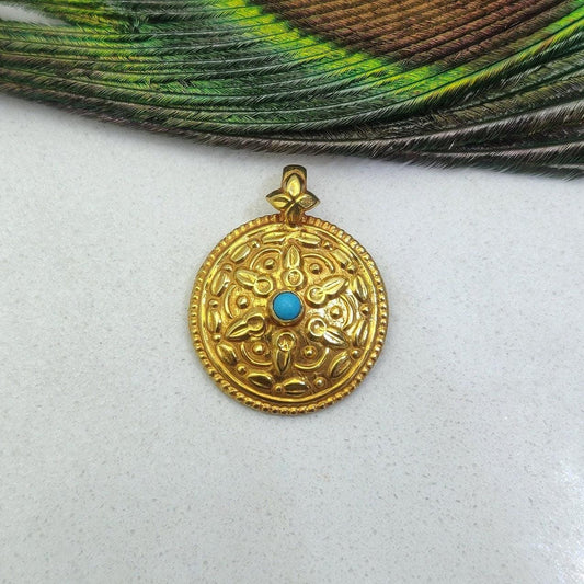 18k Solid Yellow Gold Turquoise Pendant 17mm Antique Jewelry - Kanika Creations