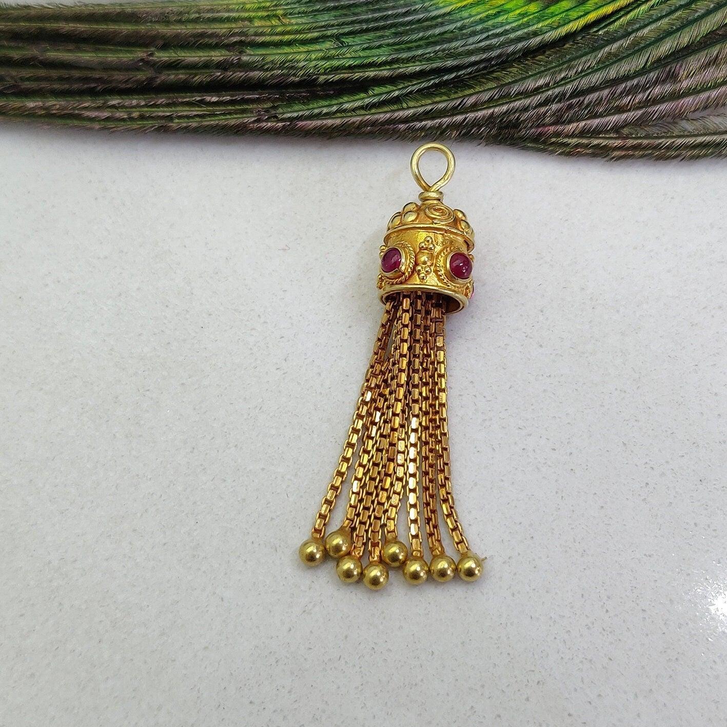 18k Gold Tassel Charm Pendant With Ruby Stone - Kanika Creations
