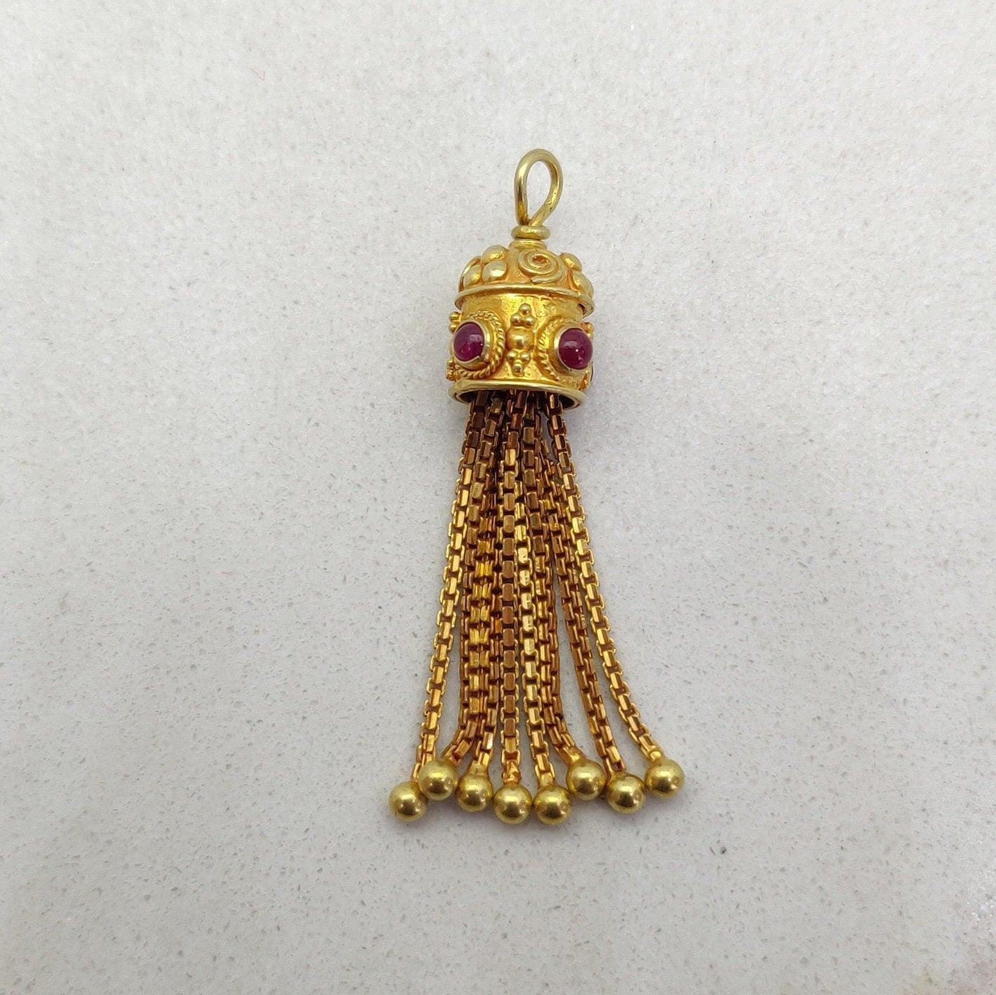 18k Gold Tassel Charm Pendant With Ruby Stone - Kanika Creations