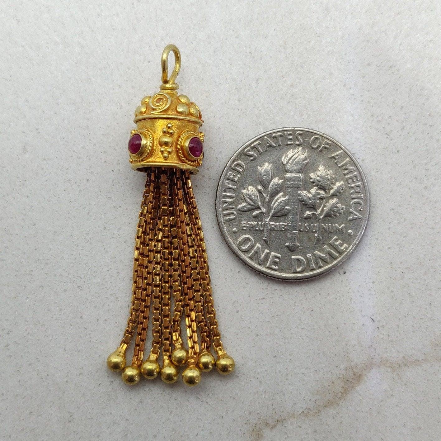18k Gold Tassel Charm Pendant With Ruby Stone - Kanika Creations