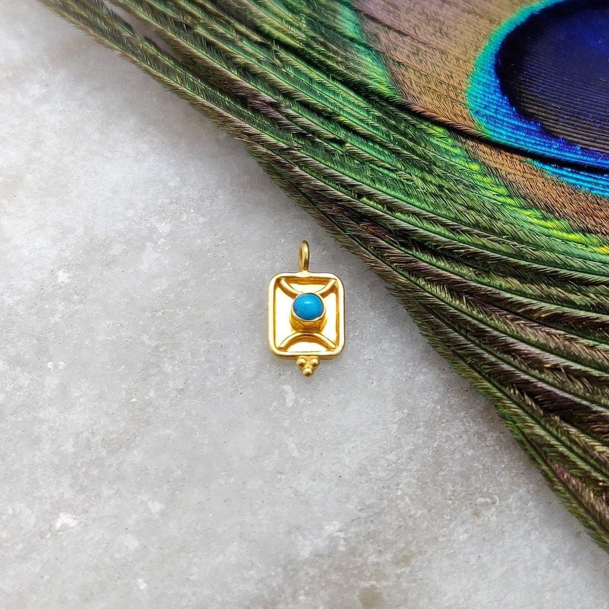 18k Solid Yellow Gold Turquoise Rectangle Charm Pendant 6x11mm - Kanika Creations