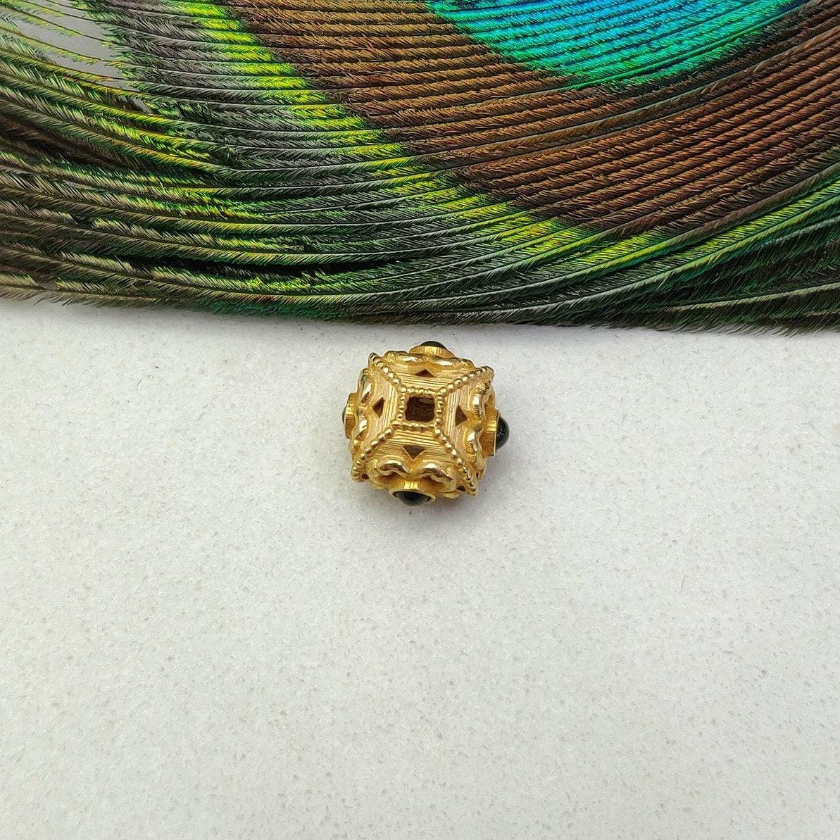 18k Solid Yellow Gold Emerald Floral Cushion Spacer Beads - Kanika Creations