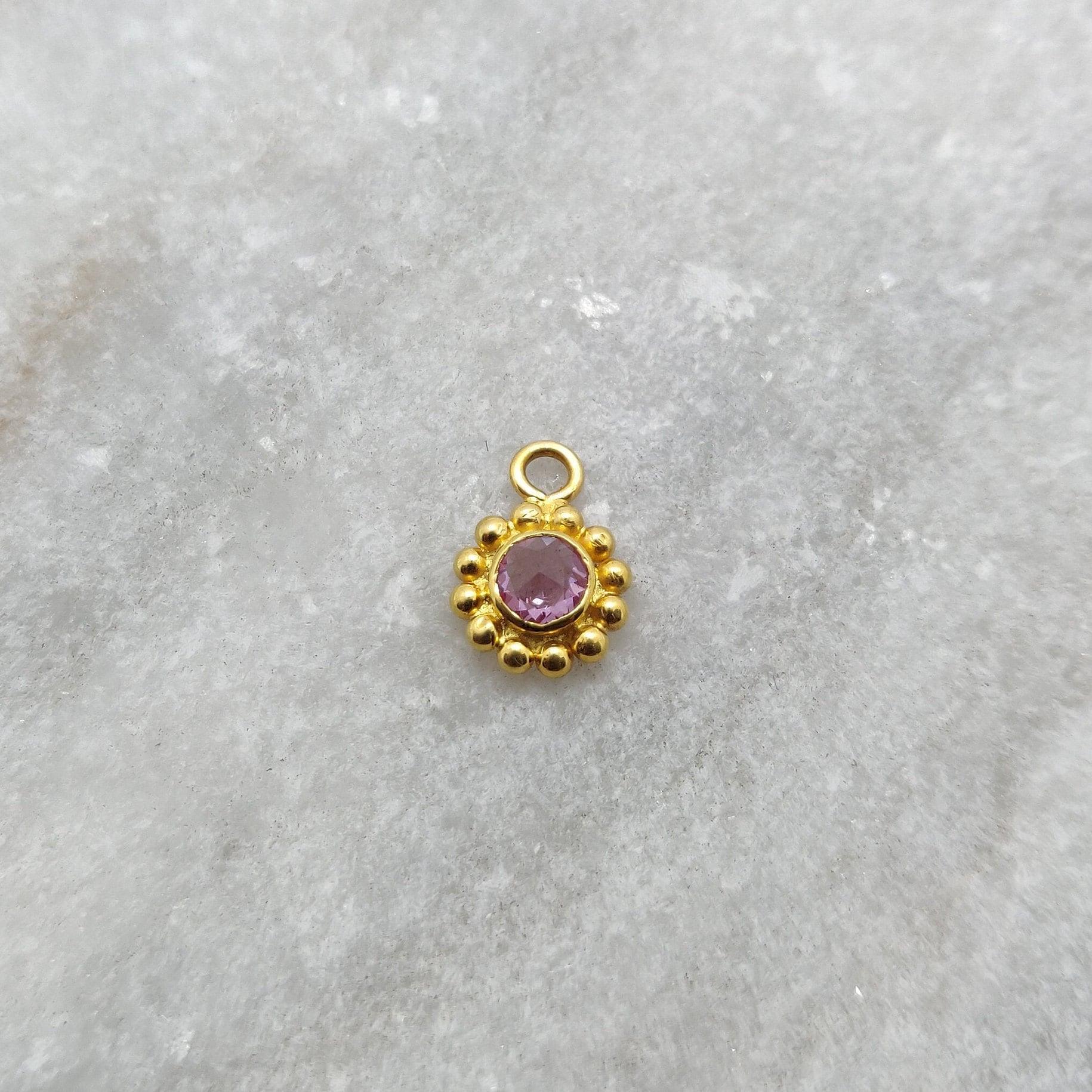 18k Solid Yellow Gold Round Dainty Stone Studded Charm - Kanika Creations