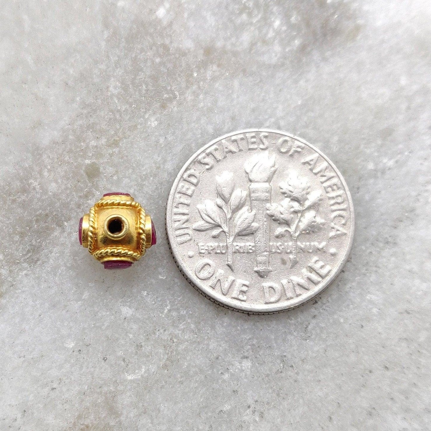18K Solid Gold Rondelle Ball Bead Spacer With Ruby Stone 7mm - Kanika Creations