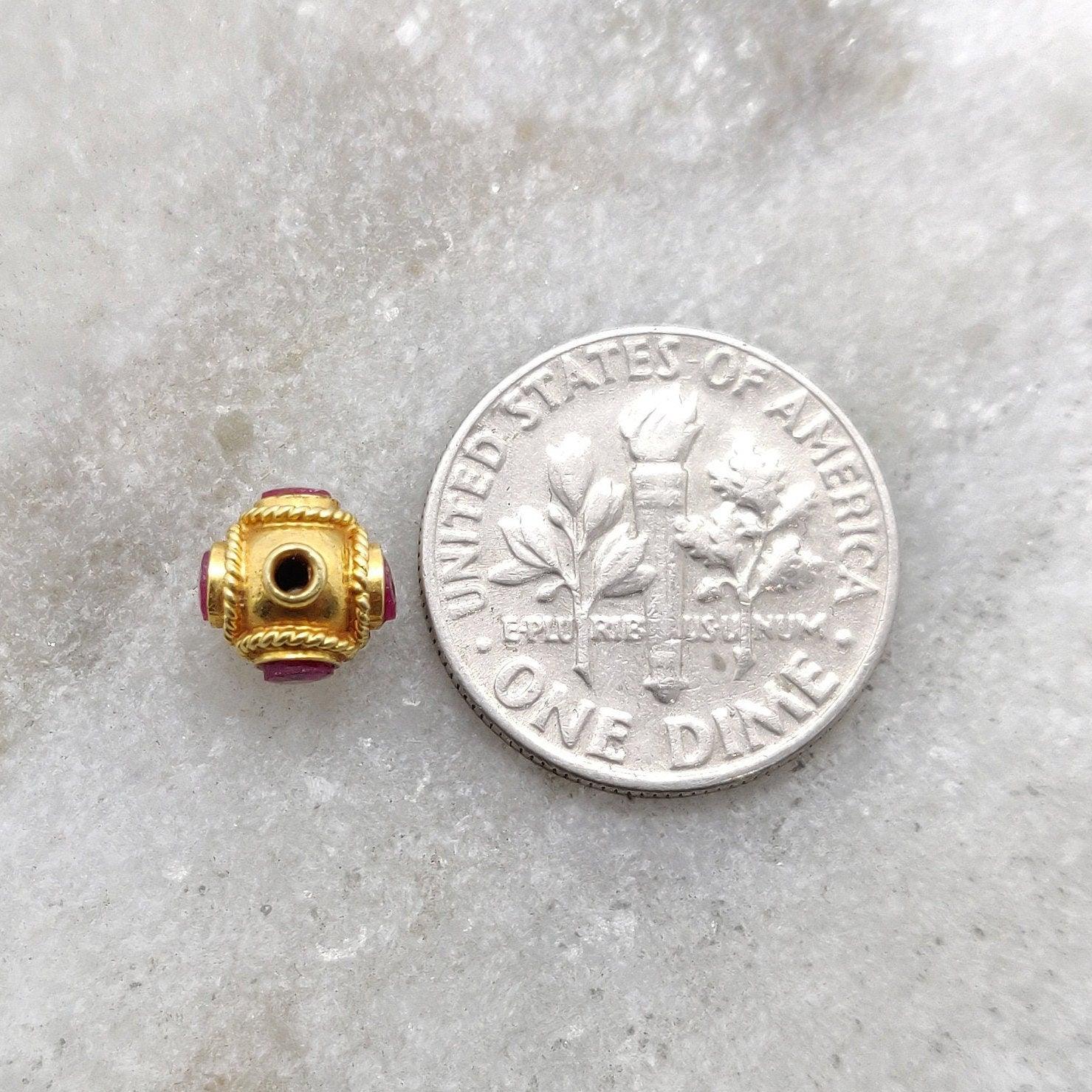 18K Solid Gold Rondelle Ball Bead Spacer With Ruby Stone 7mm - Kanika Creations