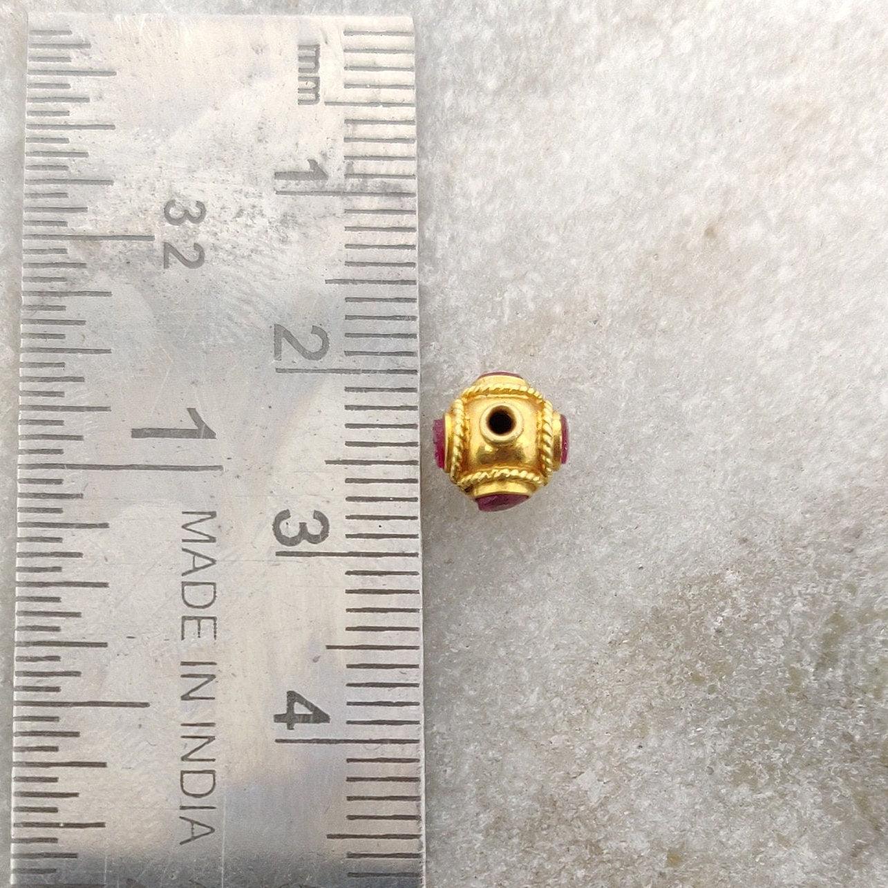 18K Solid Gold Rondelle Ball Bead Spacer With Ruby Stone 7mm - Kanika Creations