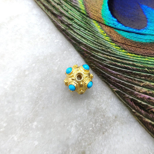 Handmade 18k Yellow Gold Turquoise Stone Spacer Ball Bead - Kanika Creations