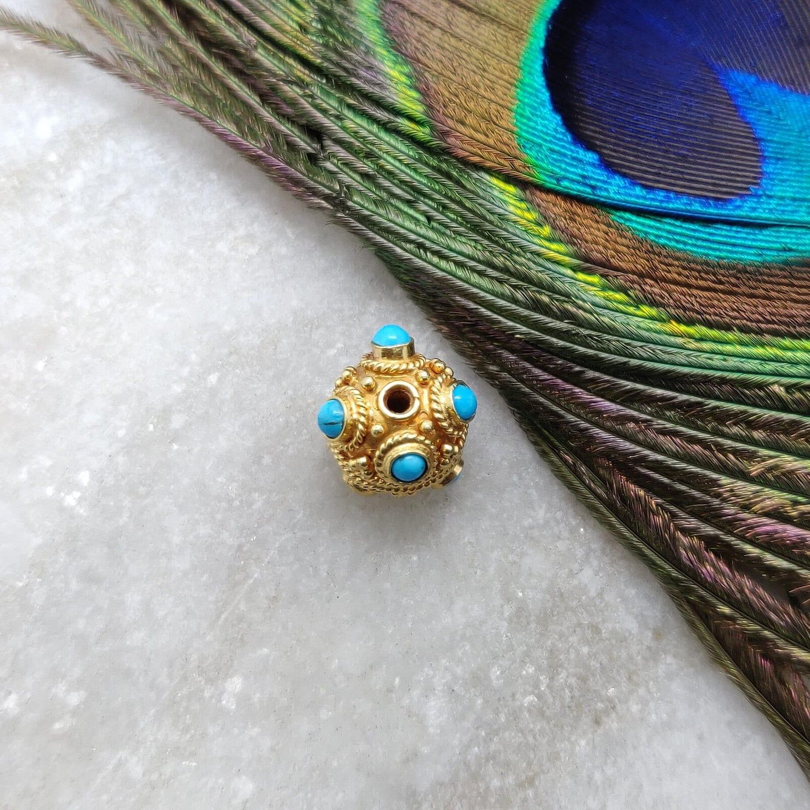 18k Solid Yellow Gold Turquoise Filigree Spacer Ball Beads - Kanika Creations