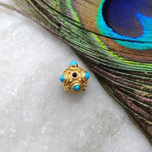 18k Solid Yellow Gold Turquoise Filigree Spacer Ball Beads - Kanika Creations
