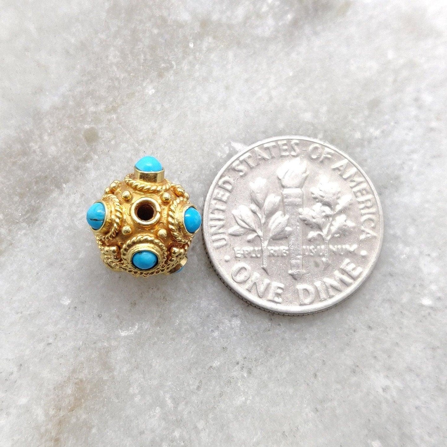 18k Solid Yellow Gold Turquoise Filigree Spacer Ball Beads - Kanika Creations