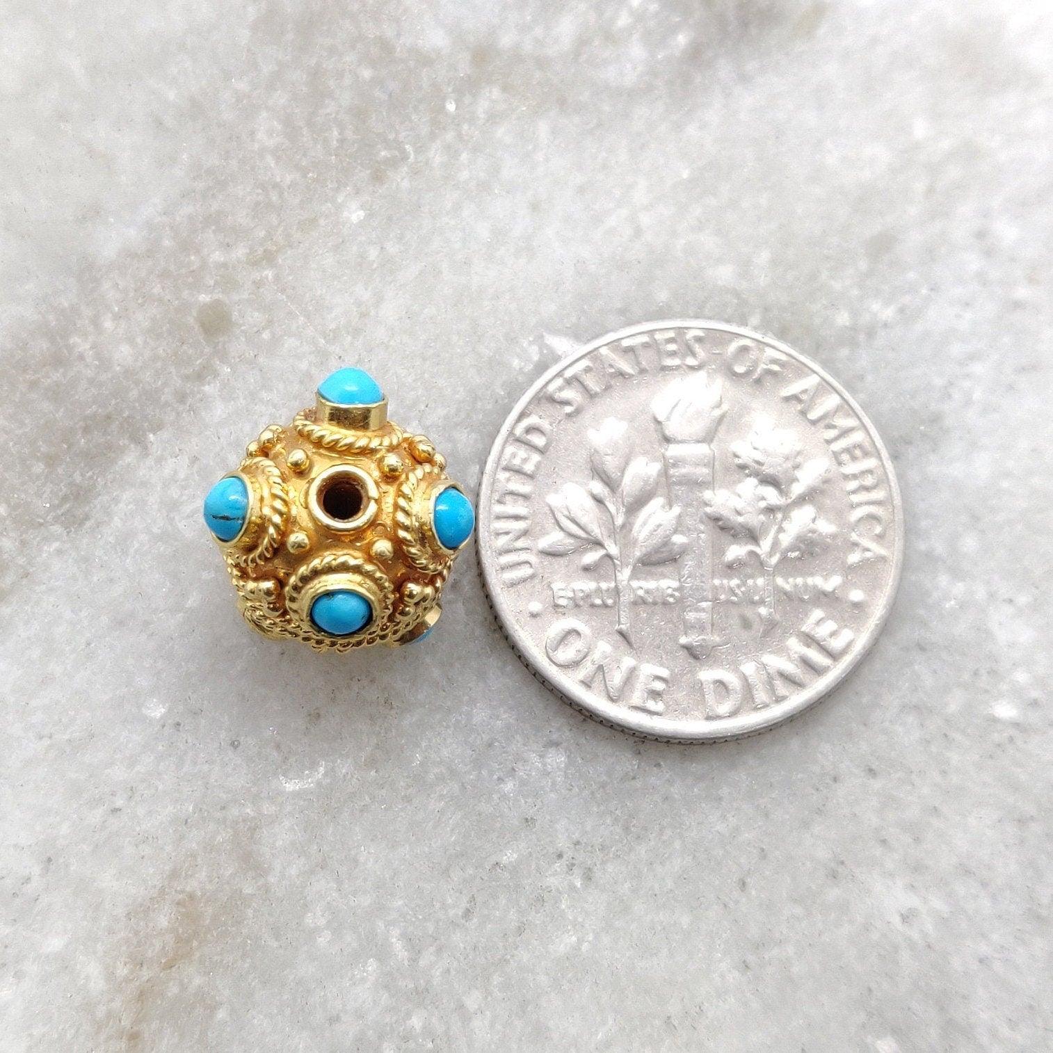 18k Solid Yellow Gold Turquoise Filigree Spacer Ball Beads - Kanika Creations