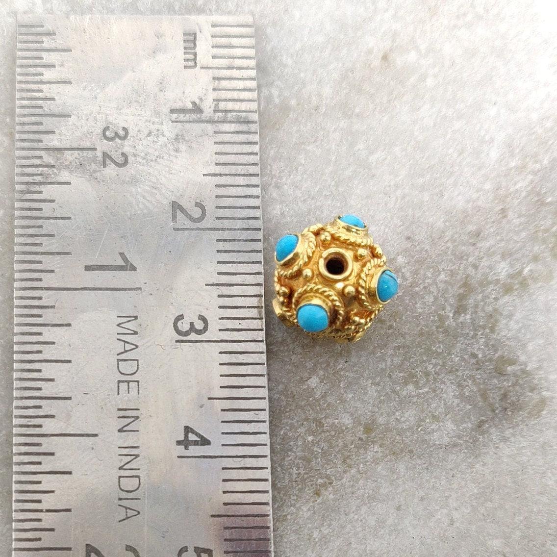 18k Solid Yellow Gold Turquoise Filigree Spacer Ball Beads - Kanika Creations